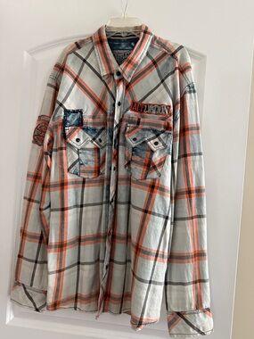Affliction Orange & Light Gray Plaid Long-Sleeve Snap Up Shirt